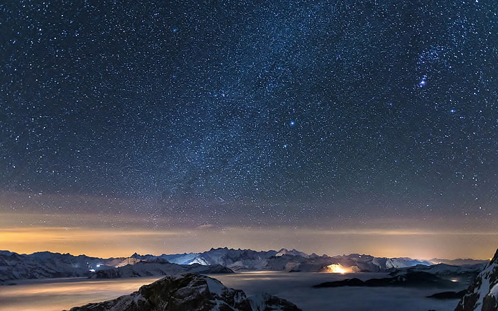 night sky wallpaper, stars, space, galaxy, clouds, mountains