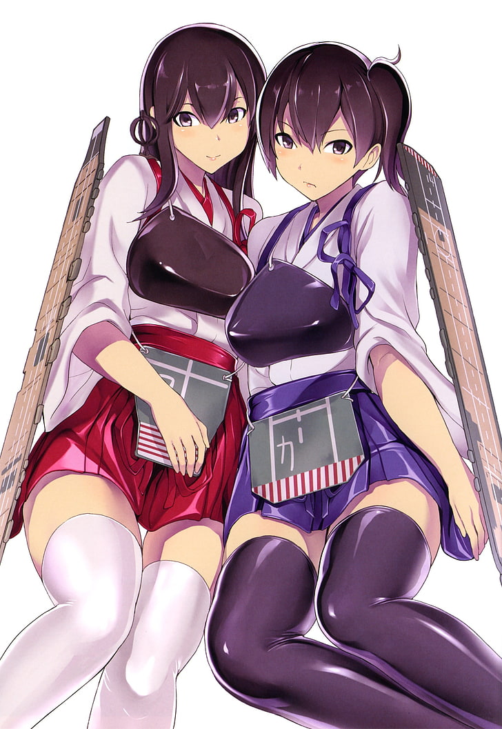 two female anime characters illustration, Kantai Collection, skirt, HD wallpaper