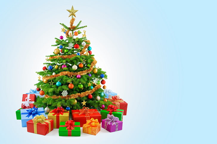 green Christmas tree, New Year, decoration, Merry, gift, celebration, HD wallpaper