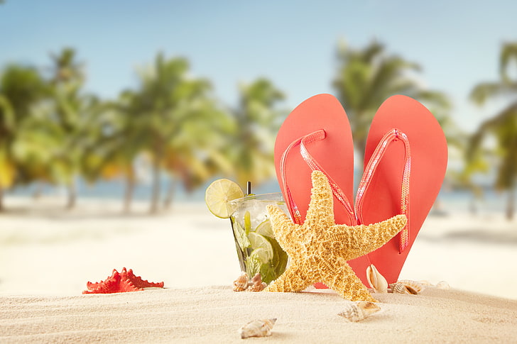 pair of red flip-flops, sand, sea, beach, summer, the sun, stars, HD wallpaper