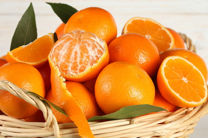 orange (fruit), baskets, food, HD wallpaper