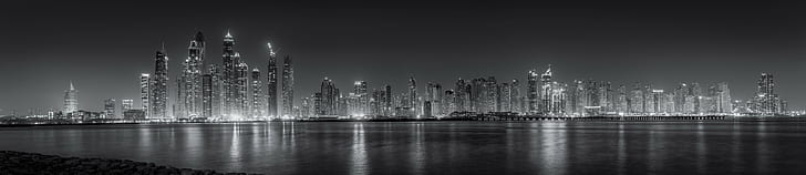 gray scale photography of high-rise building near body of water, HD wallpaper