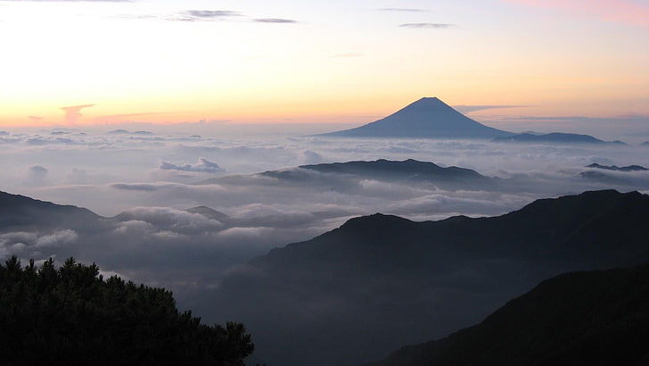 view of a mountain with sea of clouds, Mount Fuji, Japan, mountains
