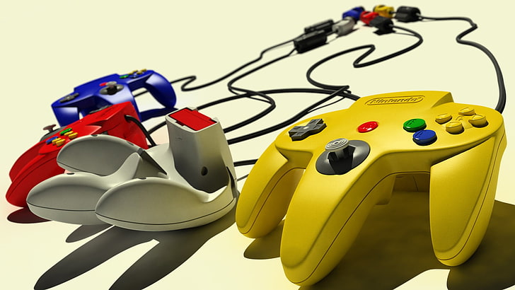 yellow and blue game controllers, Nintendo 64, retro games, video games