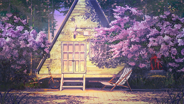 painting of house between pink trees, Everlasting Summer, bicycle