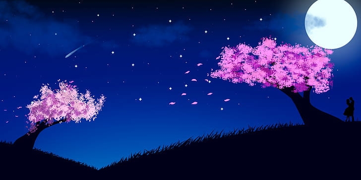 cherry blossom, Sakura blossom, pink, couple, kissing, grass