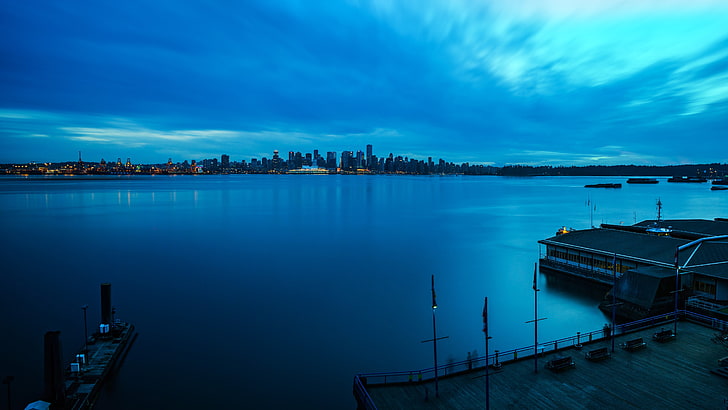 panoramic cityscape, landscape, clouds, blue, water, sky, architecture