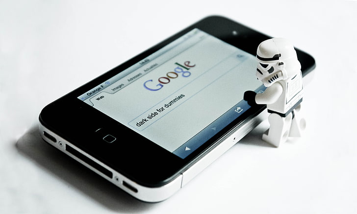 black iPhone 4 and Star Wars Stormtrooper toy, Lego, Clone, Dark Side For Dummies