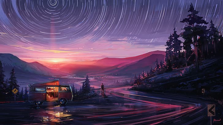 Aenami, mountains, sunset, stars, road