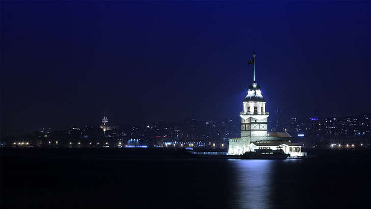 Istanbull Maiden tower, Turkey, Maiden's Tower, cityscape, night, HD wallpaper