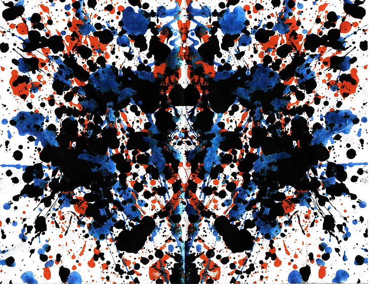 blue, white, and red floral textile, Rorschach test, ink, symmetry