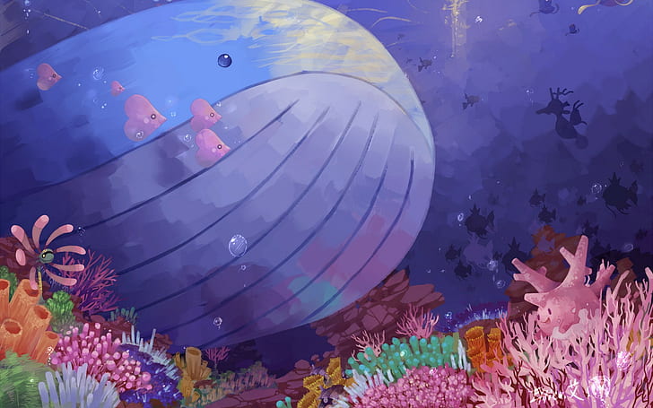 Pokemon, Ocean, Underwater, Whale, Fish, teal whale under water swimming near pink school of fishes illustration