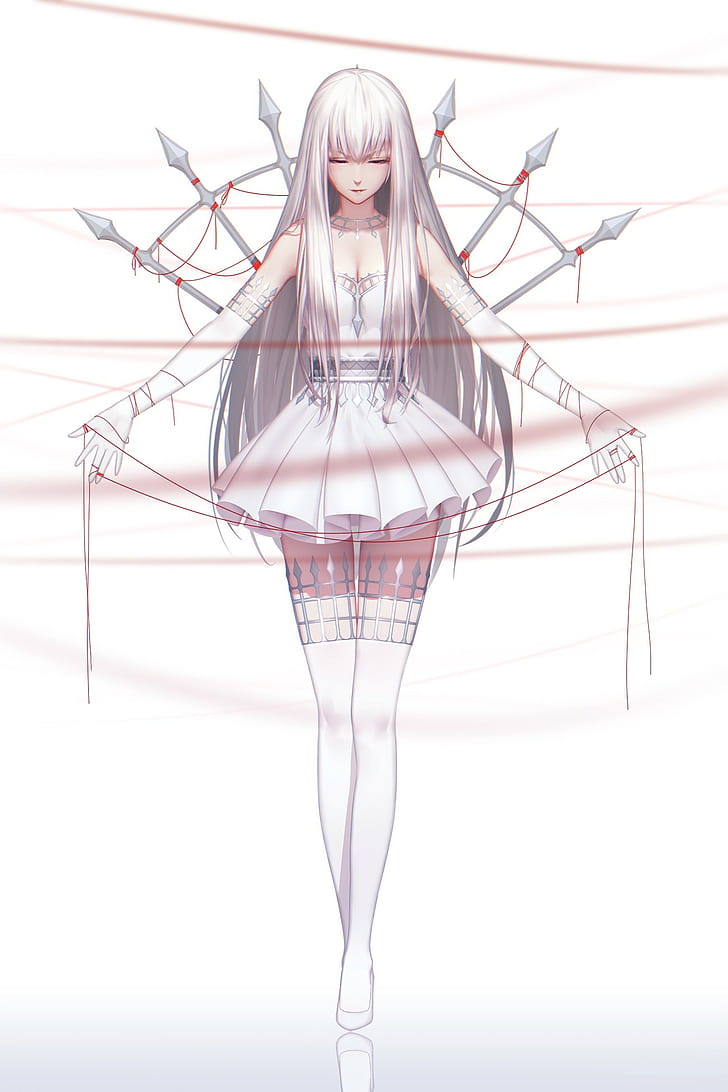 anime, thread, long hair, white hair, white background, red eyes, HD wallpaper
