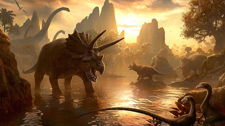 artistic, Dinosaurs, Diplodocus, Pterodactyls, Raptors, Realistic, HD wallpaper