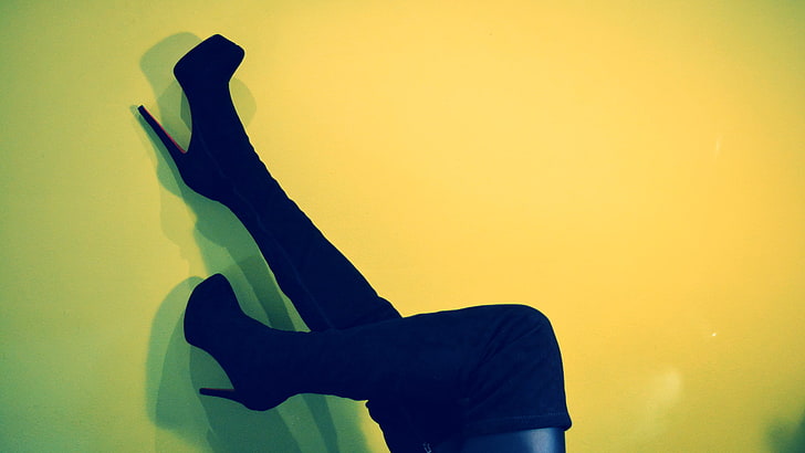 pair of black thigh-high boots, heels, legs, women, thigh-highs, HD wallpaper