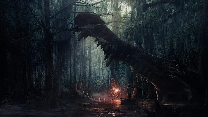 forest, darkness, tree, crocodile, swamp, bayou, wetland, monster