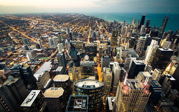 city, skyline, aerial view, Chicago, architecture, building exterior