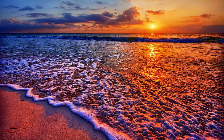 sea, beach, landscape, water, sunset, sky, beauty in nature, HD wallpaper