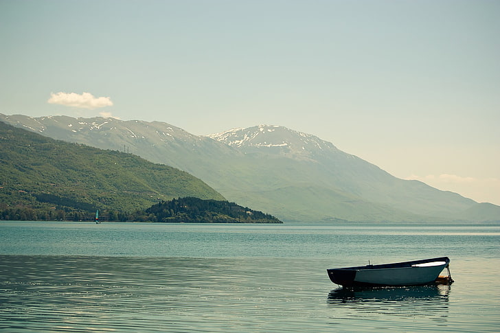 gray boat, Ohrid, lake, Macedonia, mountains, nautical vessel, HD wallpaper