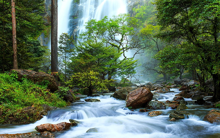 Thailand Waterfalls Falls From A Height River Rocks Stones Green Forest Beautiful Hd Wallpaper For Desktop, HD wallpaper