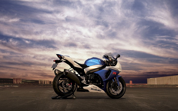 blue and silver sports bike, Suzuki GSX-R, motorcycle, transportation