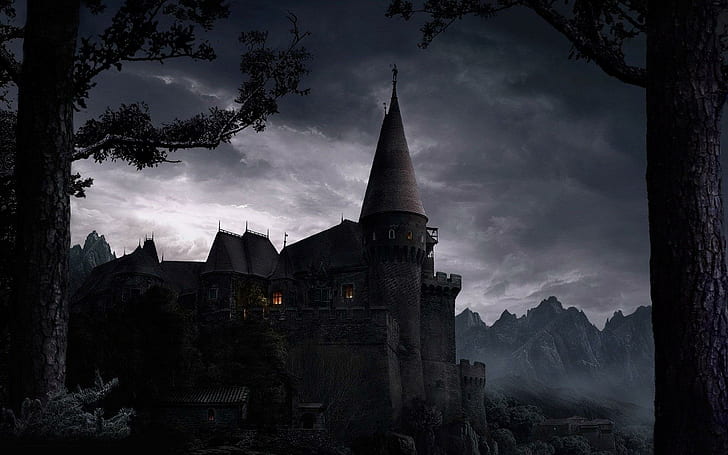 Spooky Castle, black castle art print, gothic, dark, creepy