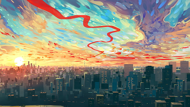 sunset, art, artwork, painting, skyline, fantasy cityscape, HD wallpaper