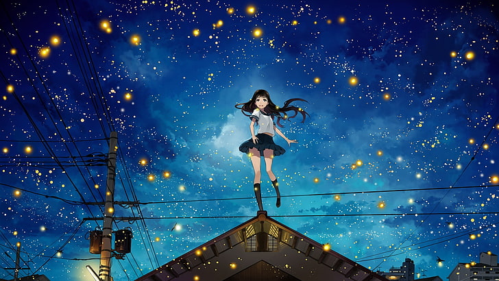 Anime Girls, Fireflies, night, Original Characters, Power Lines