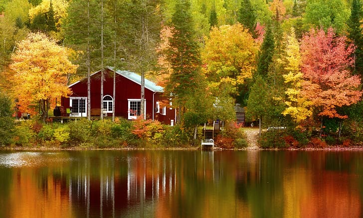 autumn, trees, lake, house, Canada, Quebec, QC, Mont-Tremblant