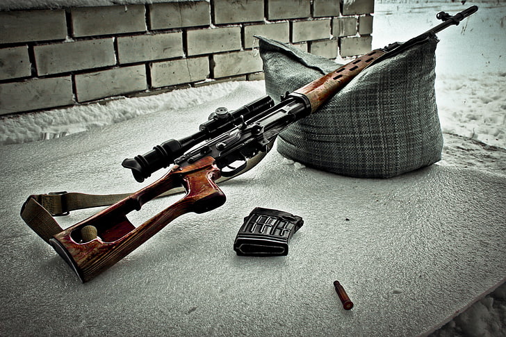 black and brown Dragunov rifle, weapons, optics, pillow, strap