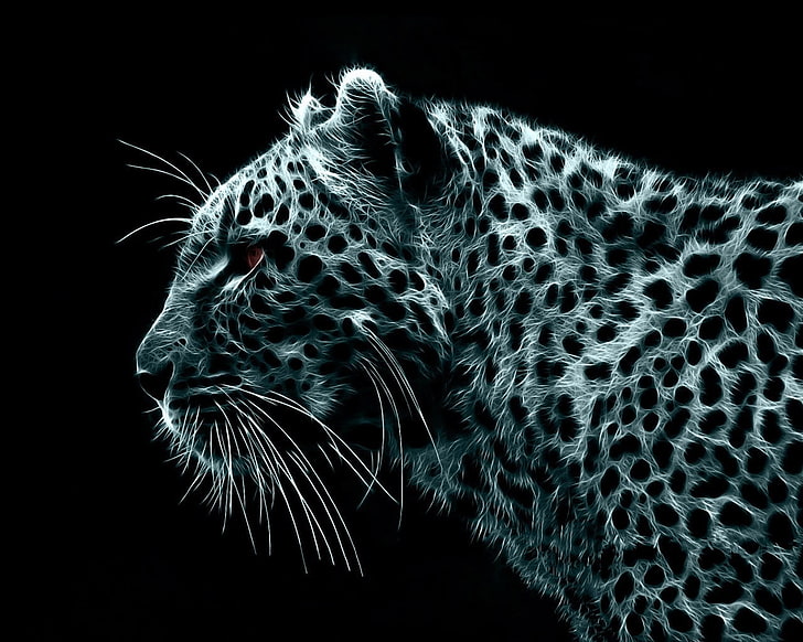 leopard graphic wallpaper, black background, Fractalius, animals, HD wallpaper