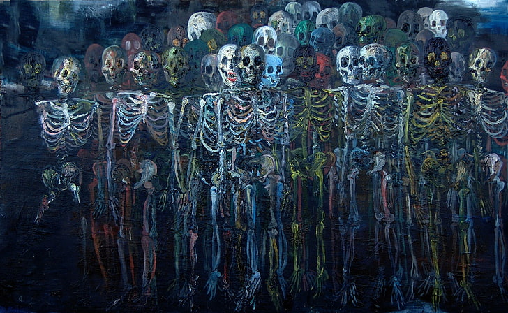 skeletons painting, digital art, bones, ribs, skull, creepy, artwork, HD wallpaper