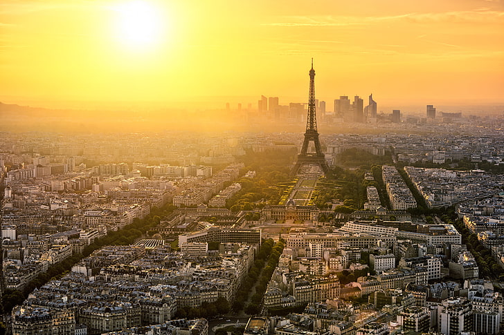 Eiffel Tower, France, trees, the city, dawn, Paris, building