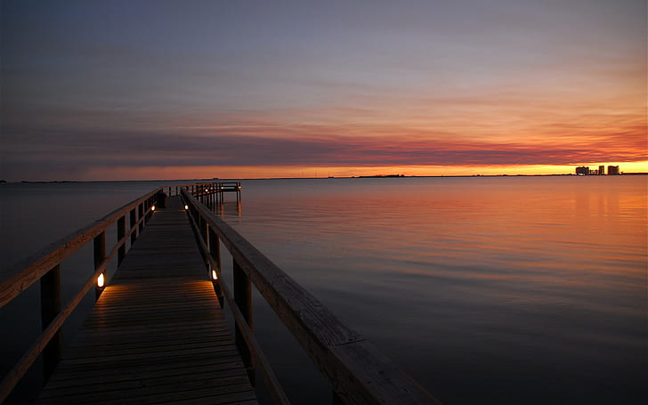 Sunset Pier Dock Ocean Calm HD, nature, HD wallpaper