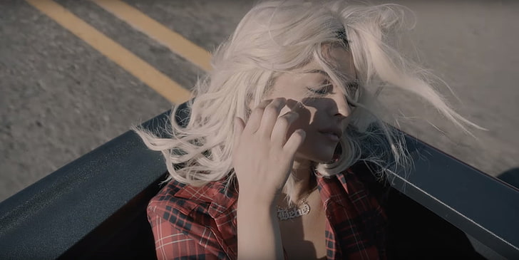 Bebe Rexha, blonde, pickup trucks, closed eyes, touching face