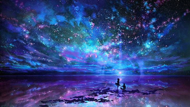 purple starry sky illustration, space, sea, fantasy art, one person