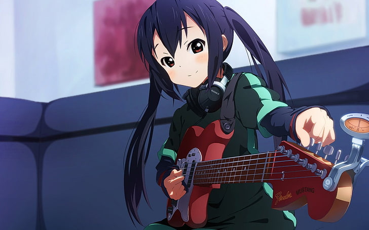 K-ON!, Nakano Azusa, guitar, purple hair, musical instrument, HD wallpaper