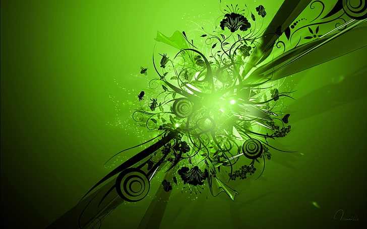 green and black floral wallpaper, abstract, green color, water