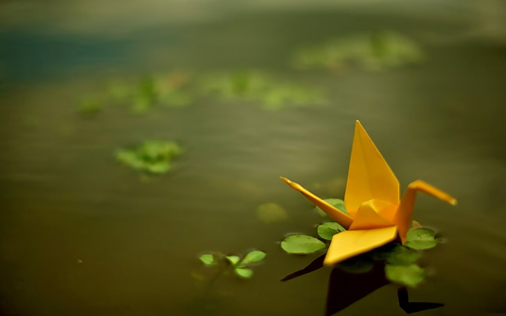 yellow paper bird, origami, paper cranes, nature, no people, focus on foreground