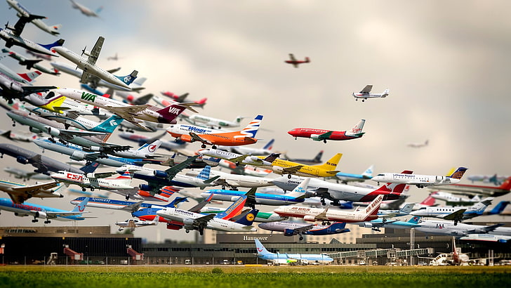 assorted airliner lot, airplane, photo manipulation, digital art, HD wallpaper