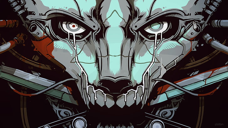 gray cat alien illustration, artwork, eyes, science fiction, robot