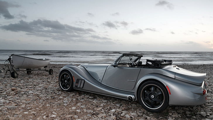 Morgan Aero, silver cars, sea, vehicle, HD wallpaper