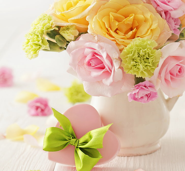 pink and yellow rose, green carnation flower arrangement, love, HD wallpaper