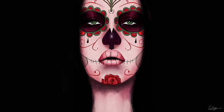 women, artwork, Dia de los Muertos, skull, face, human body part