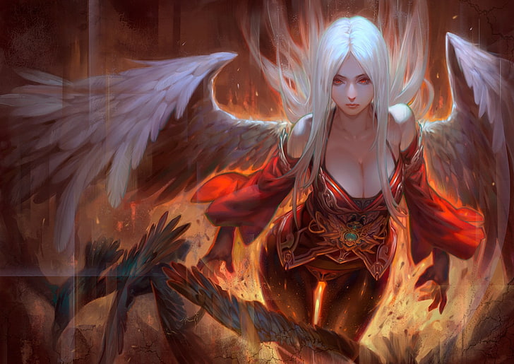 white haired female with wings illustration, fantasy art, angel