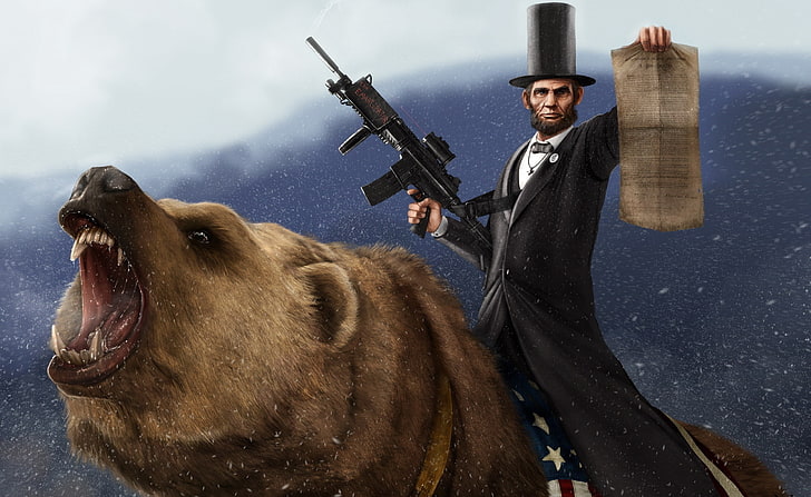 Abraham Lincoln Artwork, man riding brown bear illustration, Artistic