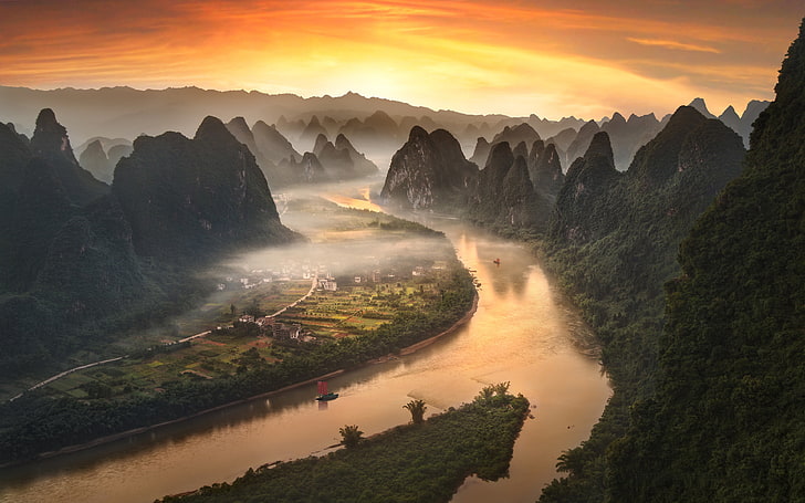 Li River In China Near Xingping Village In The Field Yangshuo Sunset Flaming Sky Landscape Hd Wallpaper For Desktop Laptop Tablet And Mobile Phones 3840×2400
