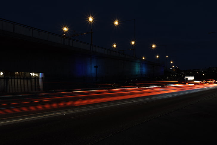 long exposure, night, Stockholm, illuminated, light trail, street, HD wallpaper