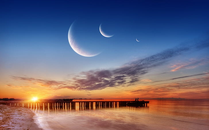 sunset, pier, beach, sky, water, sea, coast, clouds, Moon