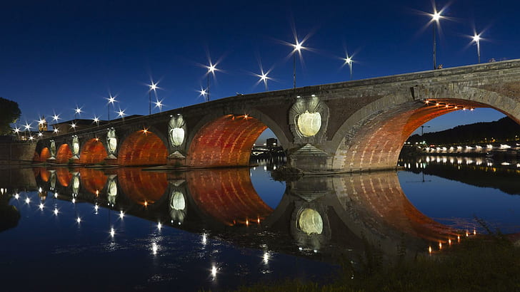 Carmes Toulouse Bridge In France, lights, arches, river, night, HD wallpaper
